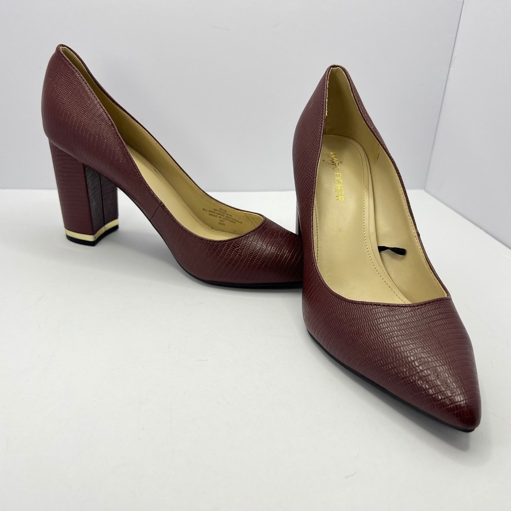 Marc Fisher Burgundy Pumps Women 8.5 Snakeskin Block Heel Gold Accent Workwear